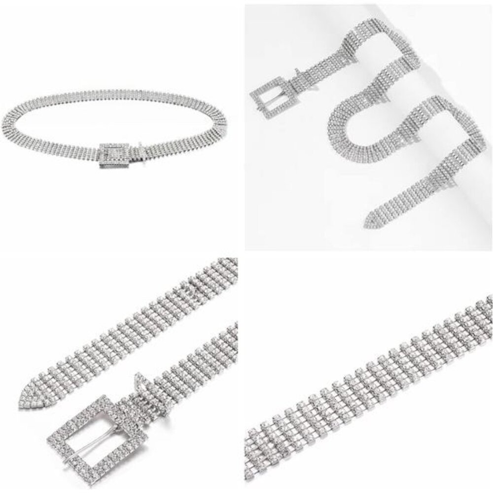 Women Rhinestone Belt Bling Crystal Shiny Waist Dress Belt Silver - Picture 7 of 8